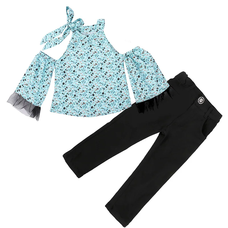 fashion floral printed dew shoulder T-shirt and solid pants toddler girl boutique clothing set 2 pieces
