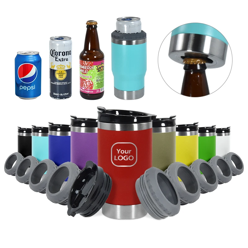 New 14oz 4-in-1 Beer can cooler with two lids double wall cola bottle stainless steel can cooler travel coffee mug can holder