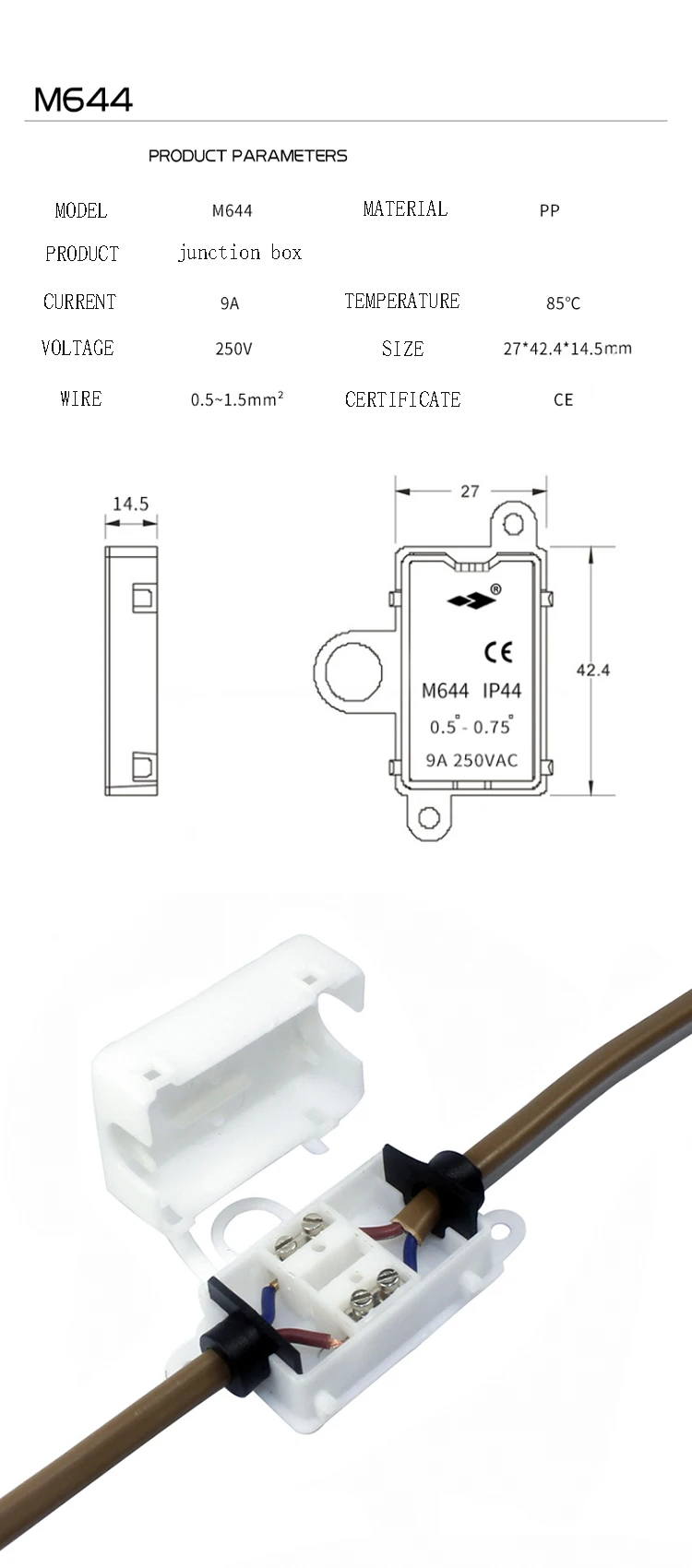 Ip44 3-core Indoor Waterproof Junction Box with 3 pin connector M644 electrical appliance screwless wiring terminal box