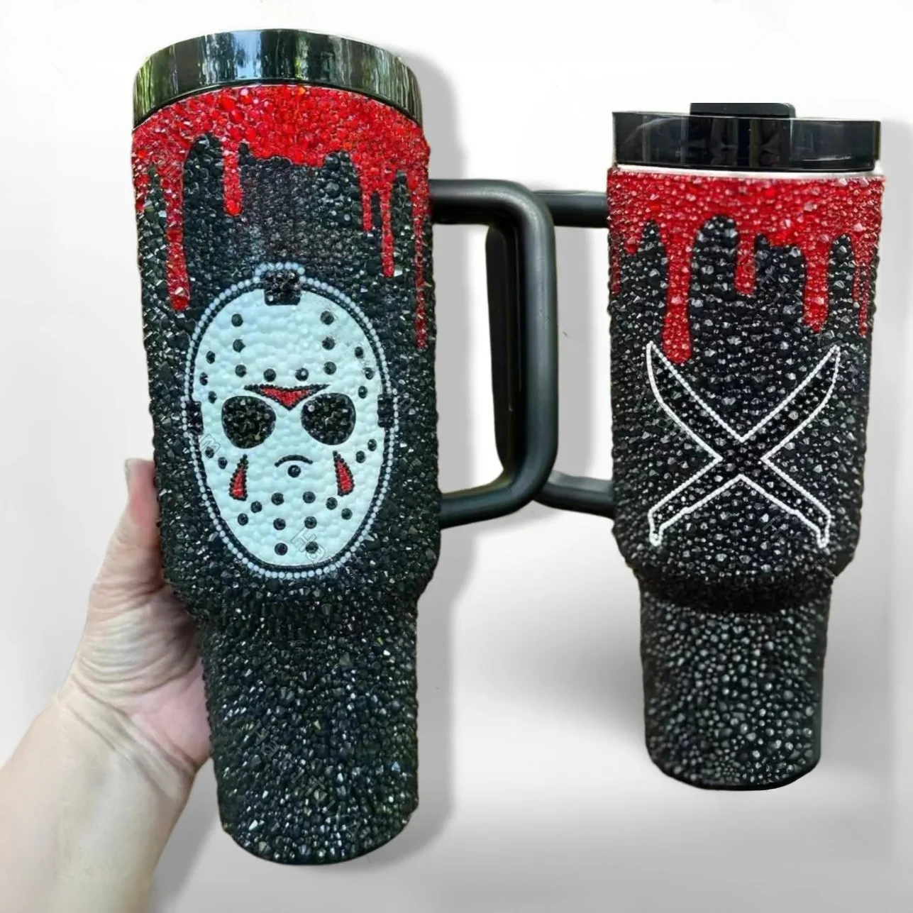 custom Halloween Jason Horror Movie camp crystal Lake 40Oz Rhinestone Drinkware stainless steel cup Bling Tumbler With Handle