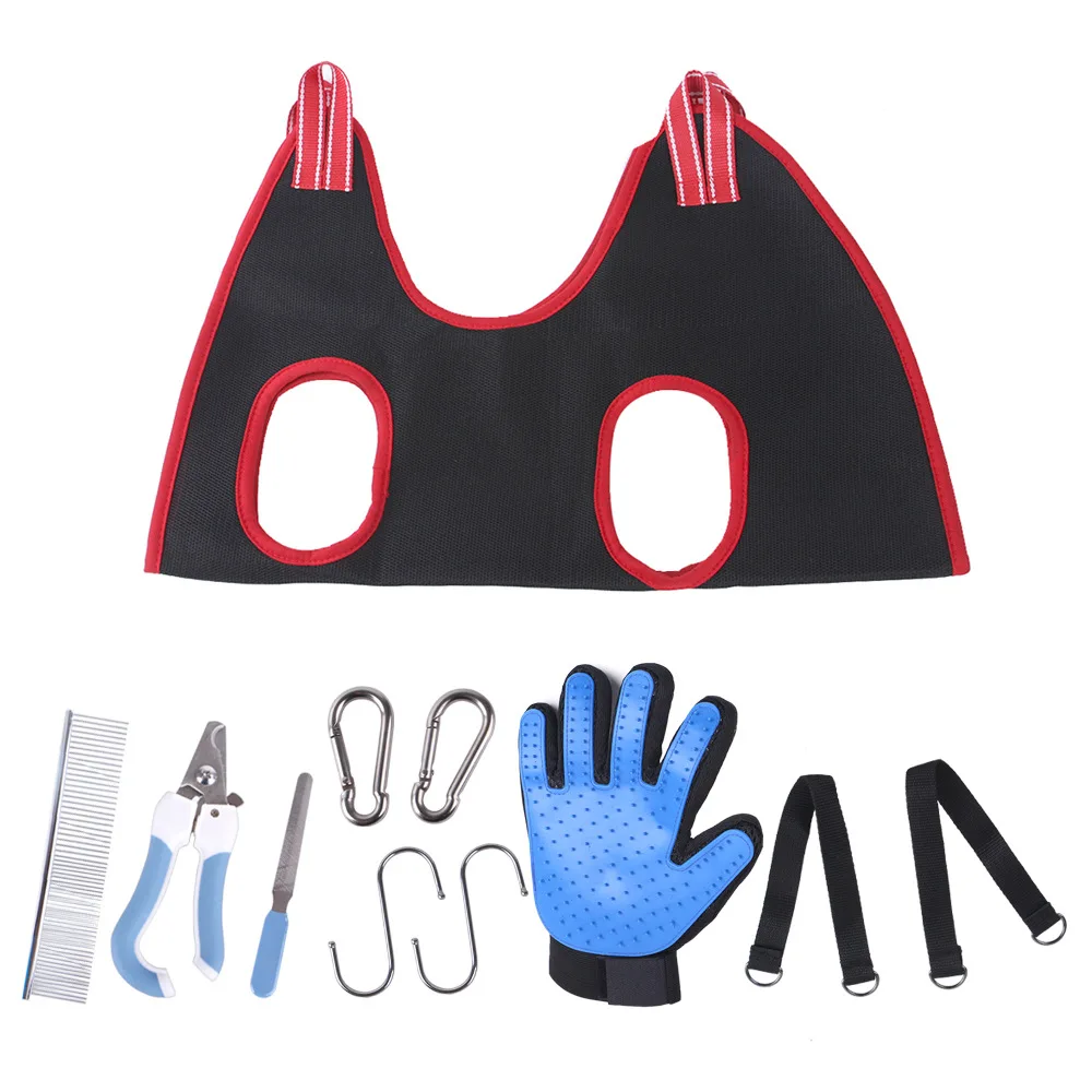11 pcs Pet Red Style Dog Grooming Hammock Kit Comb Hair Nail Clipper Pet Manicure Tools Brush Gloves