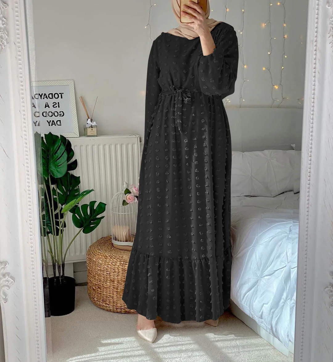 
latest women Dubai solid Muslim high waist plus size crew neck Gauze bow maxi abaya long dress 