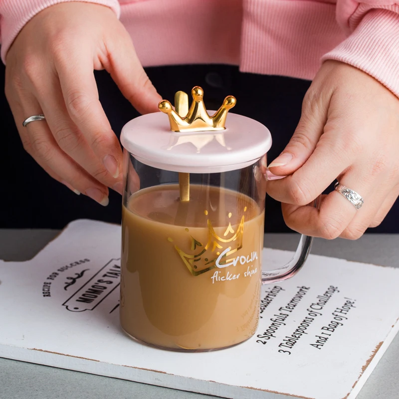 Flypeak new wholesale Cute ins crown heat-resistant water bottle cup glass coffee mugs cup with handle lid spoon