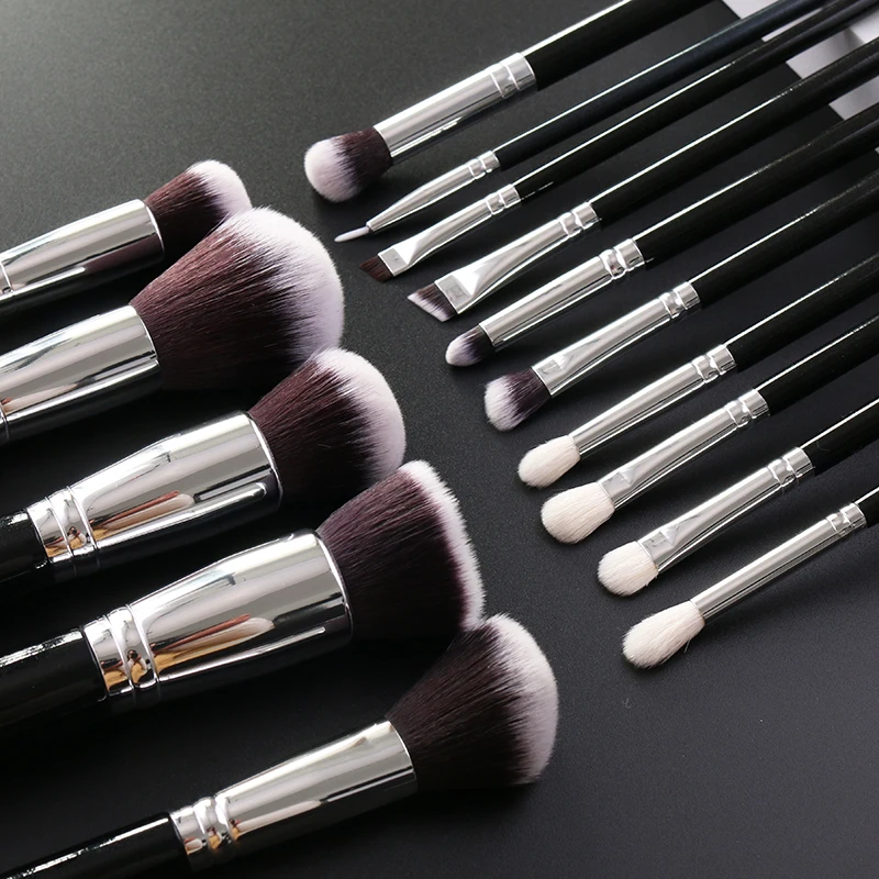 IPRESTA high quality 15pcs makeup brush set with luxury shiny black handle foundation highlight eyeshadow eyebrow brush