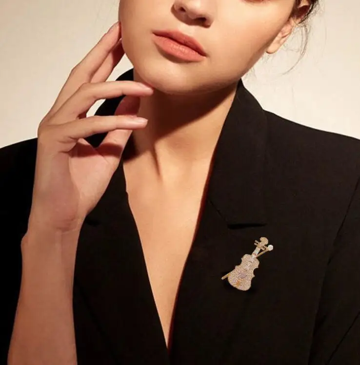 Go Party Valentines Day Gifts Violin Brooches Pins Music Guitar Full Diamond Rhinestone Brooch Corsage Pin Dress Accessories