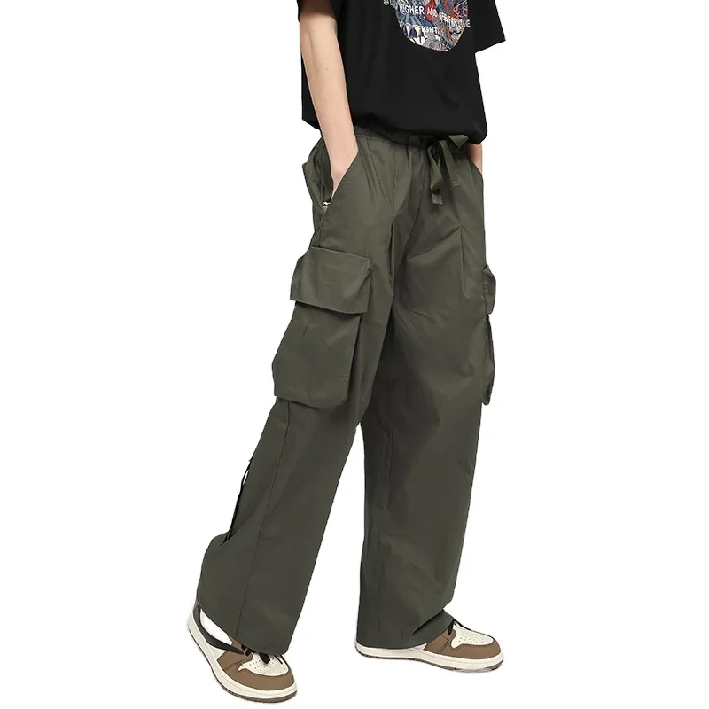 Custom Drawstring Waist Zip Pocket Nylon Casual Jogger Trousers Cargo Pants Men