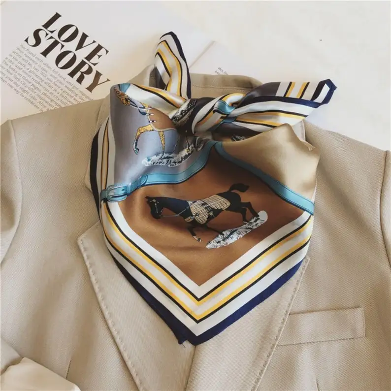 Custom Printed Wholesale Western Lifestyle Vintage Cowgirl Ladies Square Neckerchief Satin Silk Scarf for Women