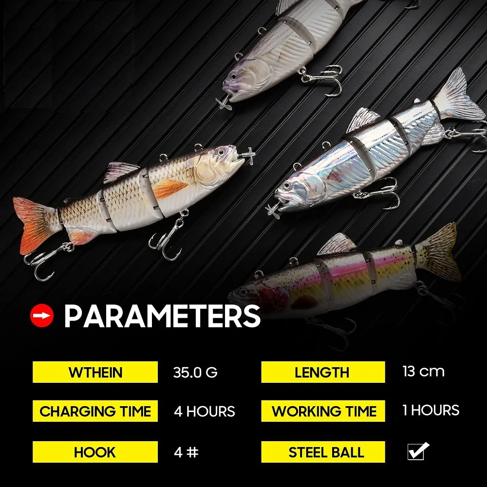 Lureking New Rechargeable Electric Fishing Blinking Lures Wobblers For Fishing 4-Segment in Guangzhou W0808 35g 130mm