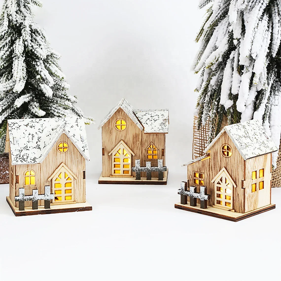 PaFu New Style Light-Up Santa Wooden House Ornaments Christmas LED Housewarming Snowflake Table Decoration