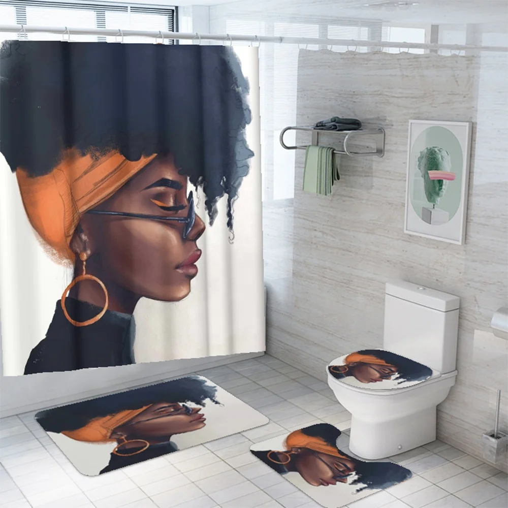 Digital Printing Waterproof Shower Curtain Bathroom Africa Woman Three-piece Set European and American Black Girls Bath Curtain