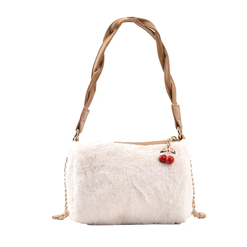 Women Solid Color Fur Bag Golden Chain Cherry Hemp flowers Underarm Bag 2021 Fashion Korea Style Soft Faux Fur Furry Handbags