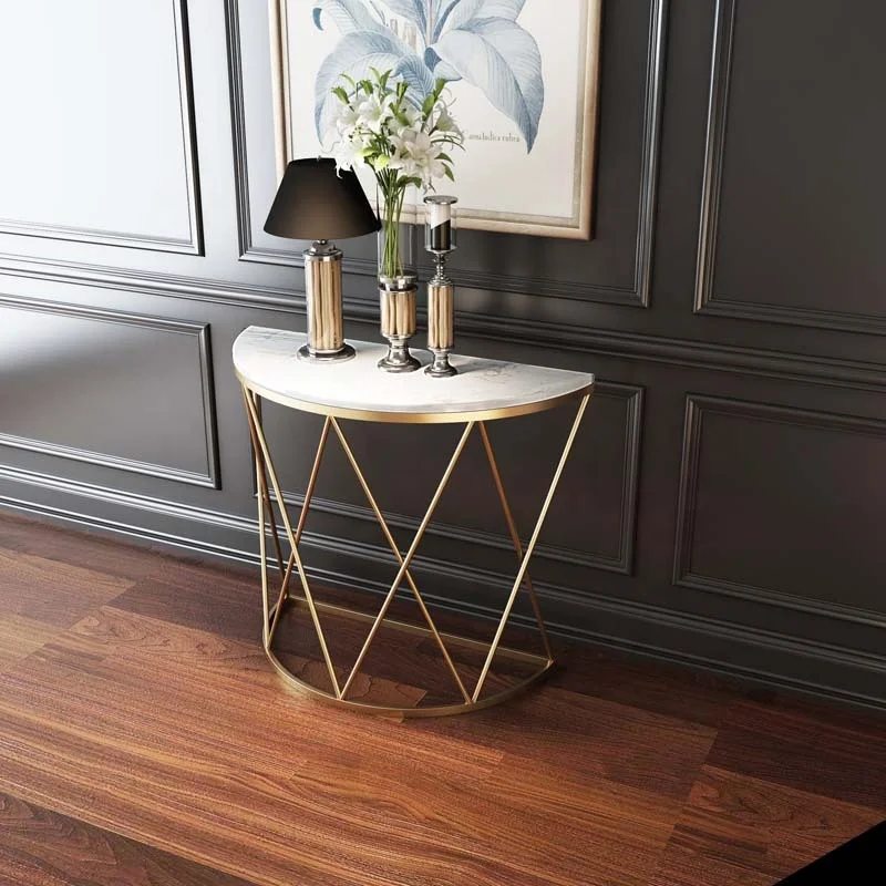 
Half Circle Round Hotel Marble Reception Table Sofa Bed Metal Side Table 