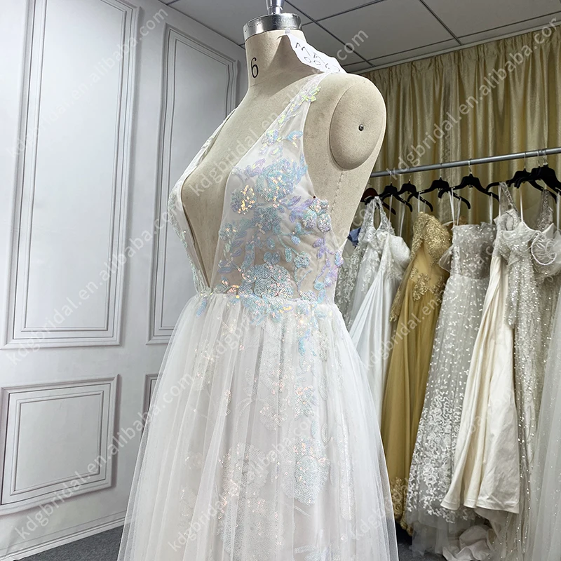 KDG Tulle long sleeves deep V-neck Straps A-line Full lace tulle Wedding Dresses Bridal High Quality Cutout Fine Printed Lace