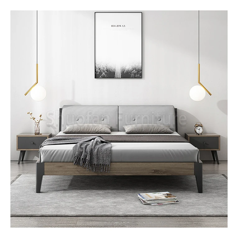 Модель в скандинавском стиле, кровать из твердой древесины под заказ, свадебная легкая роскошная кожаная деревянная кровать, кожаная обивка