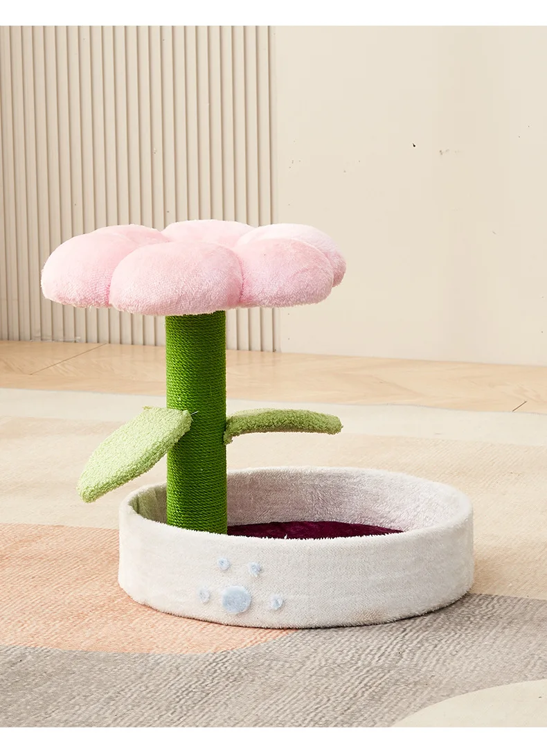 Luxury Large Cat Tree Tower Solid Wood and Soft Velvet Sisal Scratching Post with Woolen Flower for Kitten Climbing