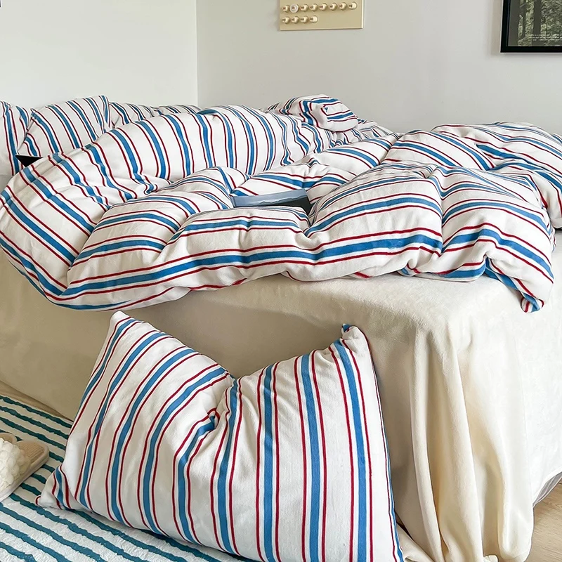 Most Selling Products Thick Blue Striped Pattern Milk Fleece bed cover duvet bedding bed sheets set