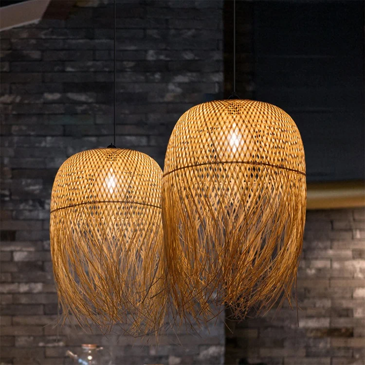 Simple Modern Seagrass Lamp Shade Bamboo Cage Hanging Lamp Wicker Weaving Handmade Rattan Pendant Light
