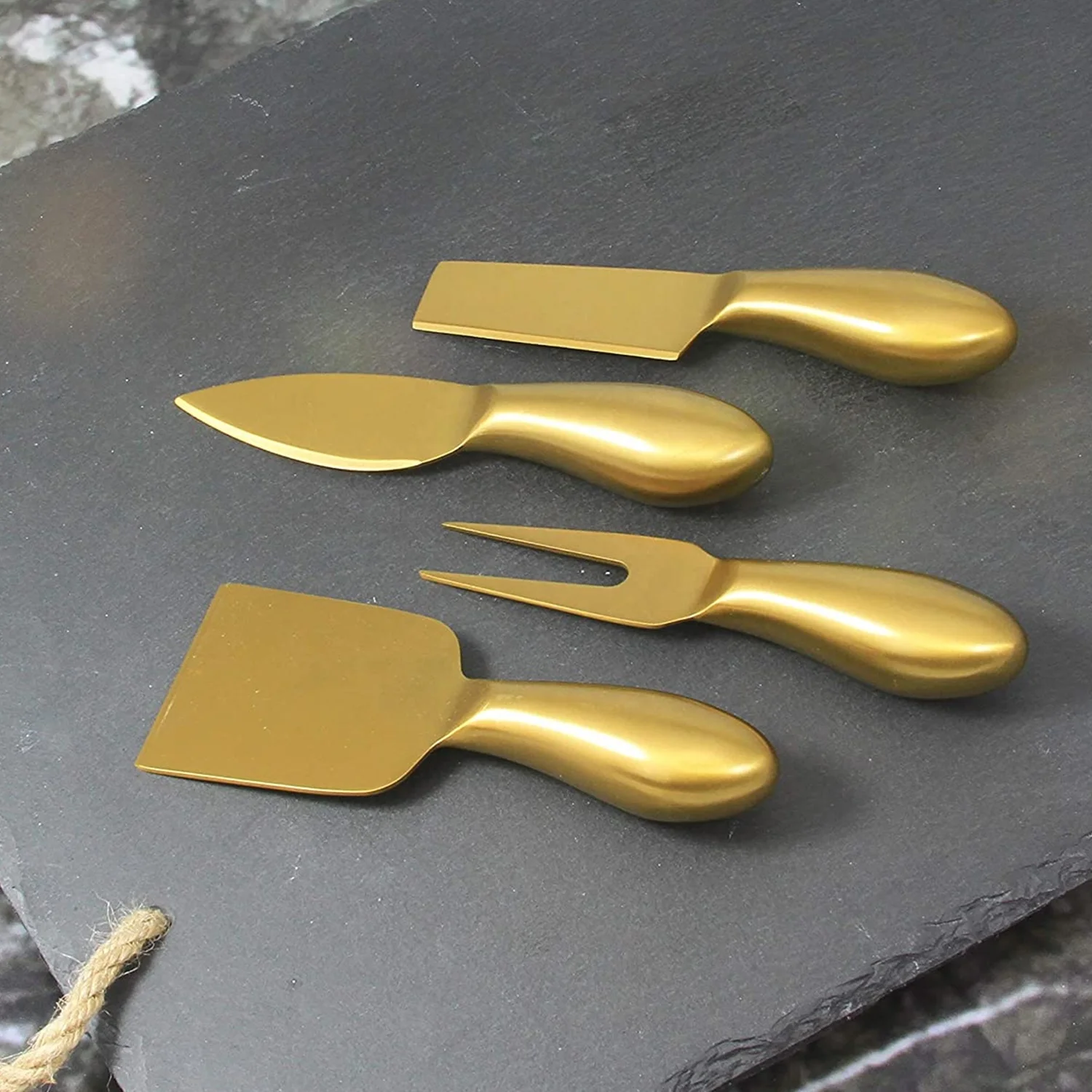 Cheese Tool Collection Stainless Steel Cheese Cutter Spreaders Fork Slicer Premium 6-Piece Golden Cheese Knife Set