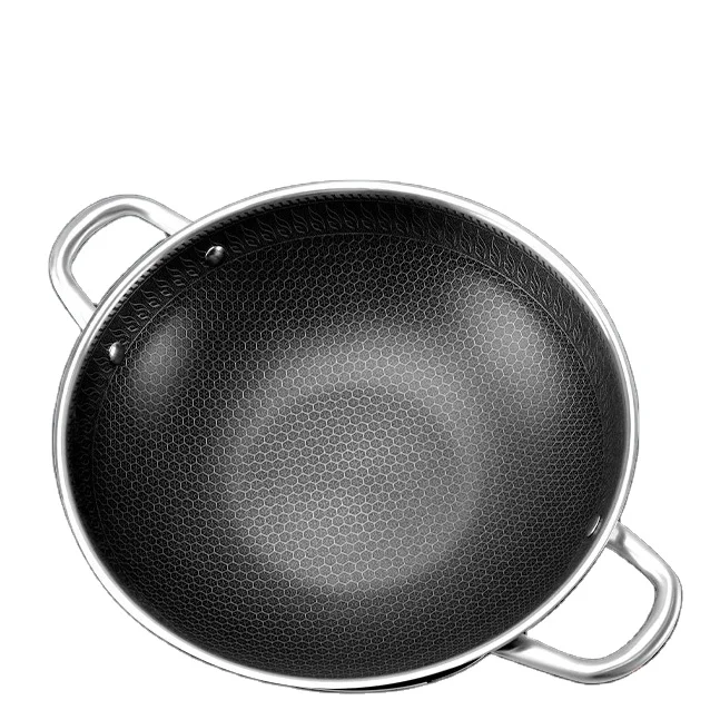 304 stainless steel frying pan 32cm Honeycomb Nonstick wok with double ears steel China Wok