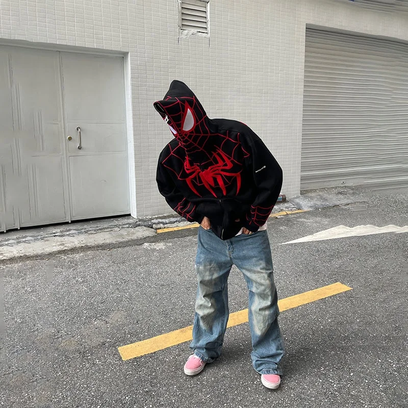 Custom spiderman hoodie full zip over the face spider hoodie oversized full face zip up hoodies jacket men