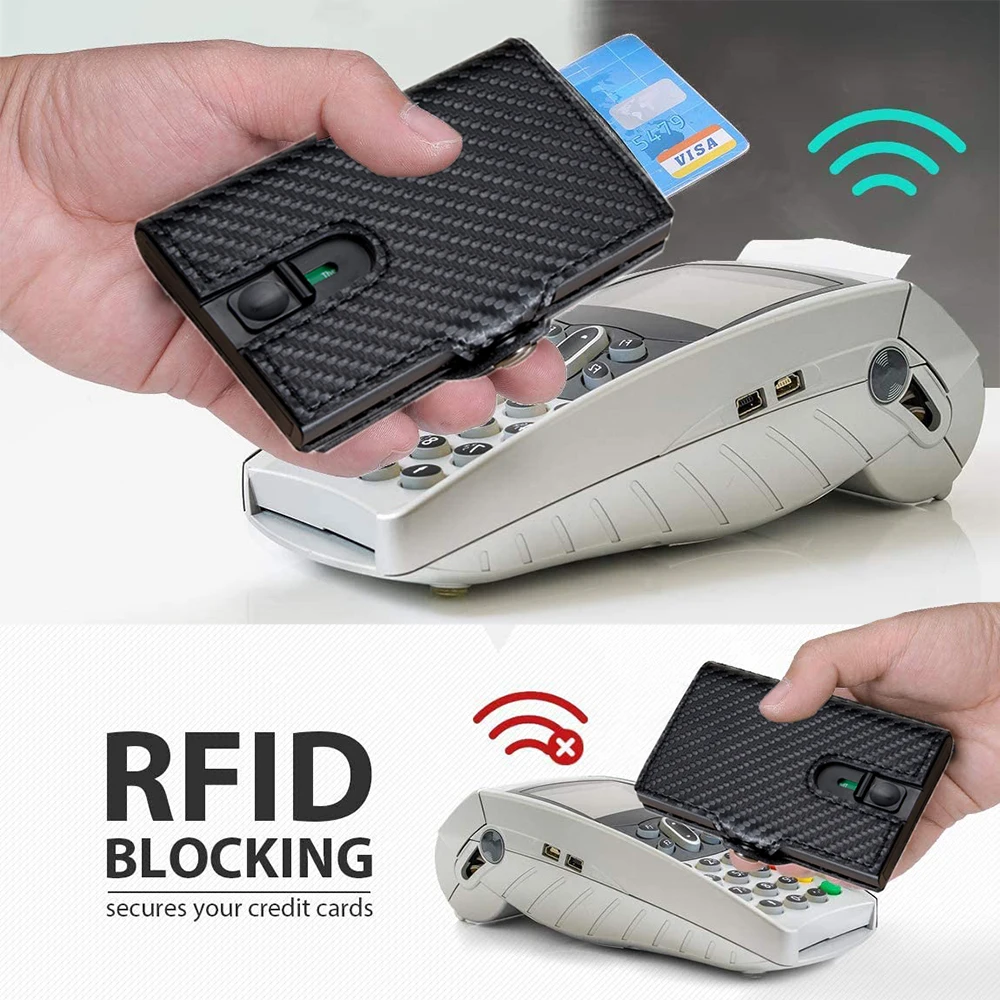 Casekey Custom Slim Carbon Fiber Wallet Middle Button Cartera Metal Credit Card Holder RFID Blocking Wallet with Zipper pocket