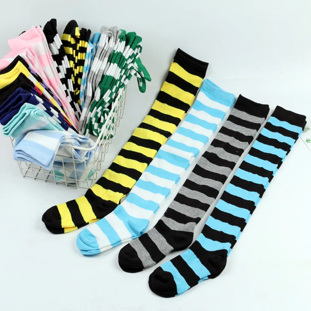 Knee high sock custom cosplay striped stockings Sexy manga cotton wholesale jacquard white black party costume