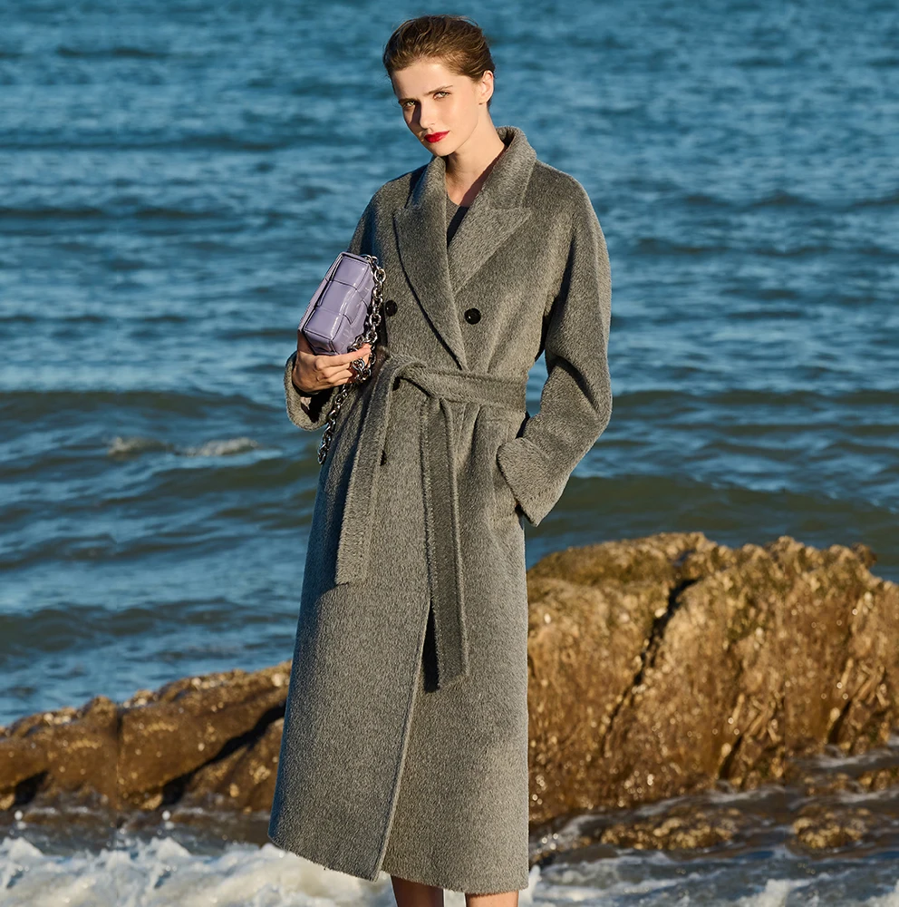 Custom Logo 2022 Fall French Style Elegant Alpaca Long Sweater Solid Color Long Sleeve Cardigan Maxi Coat with Belt for Women