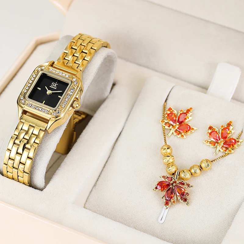 SHENGKE Jewelry Ladies watch set Watch Bamboo&Maple leaf sets box women gift wristwatches for ladies