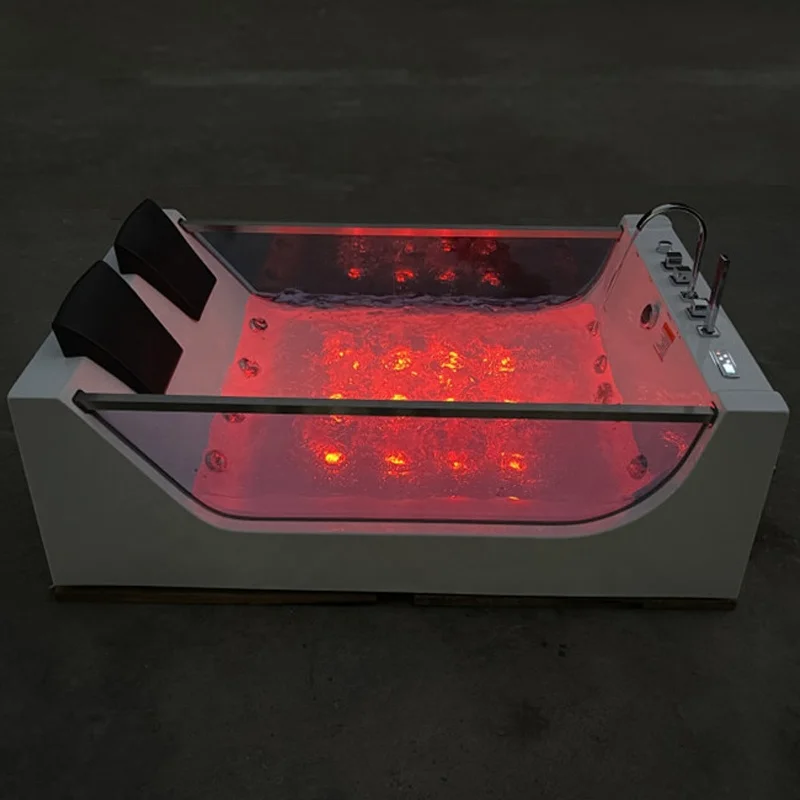 Hot Sale Adults Eco-friendly Free Standing Acrylic 2 Person Bathroom Glass Side Skirt Massage Air Bubble Bathtub With Pillow