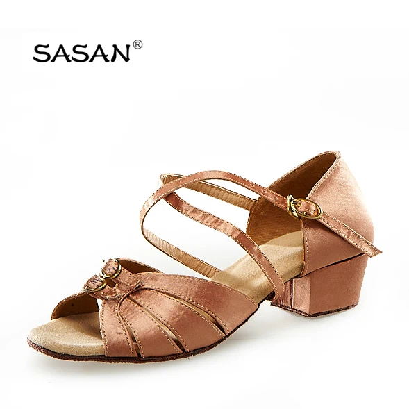 SASAN S-100D Hot Sale Flesh Satin Latin Shoes Double Buckle Front Part Low Heel Dance Shoes S-100