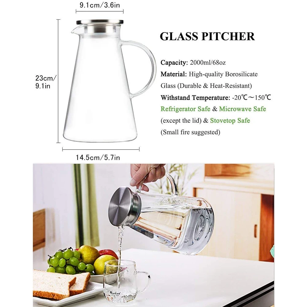 Glass Pitcher with Lid Iced Tea Pitcher Water Jug Water Kettles Support Accepted Transparent 2.0 Liter 68 Ounces Stainless Steel