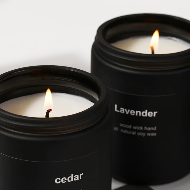 Candle Supplier Matte Luxury Design Soy Wax Essential oil Glass Jar Candles With Lids Black Frosted Glass Scented Candle