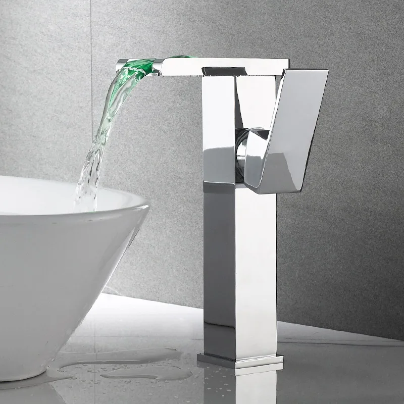 Waterfall Basin Mixer Single Lever Bathroom Brass LED Waterfall Wash Basin Faucet