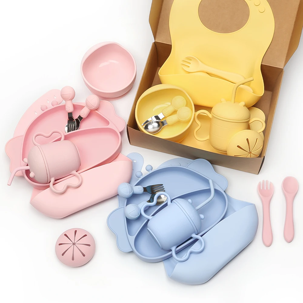 Hot Selling kids Dining Silicone Bib Bowl Spoon Fork Baby Snack Plate Tableware Silicone Baby Feeding Set
