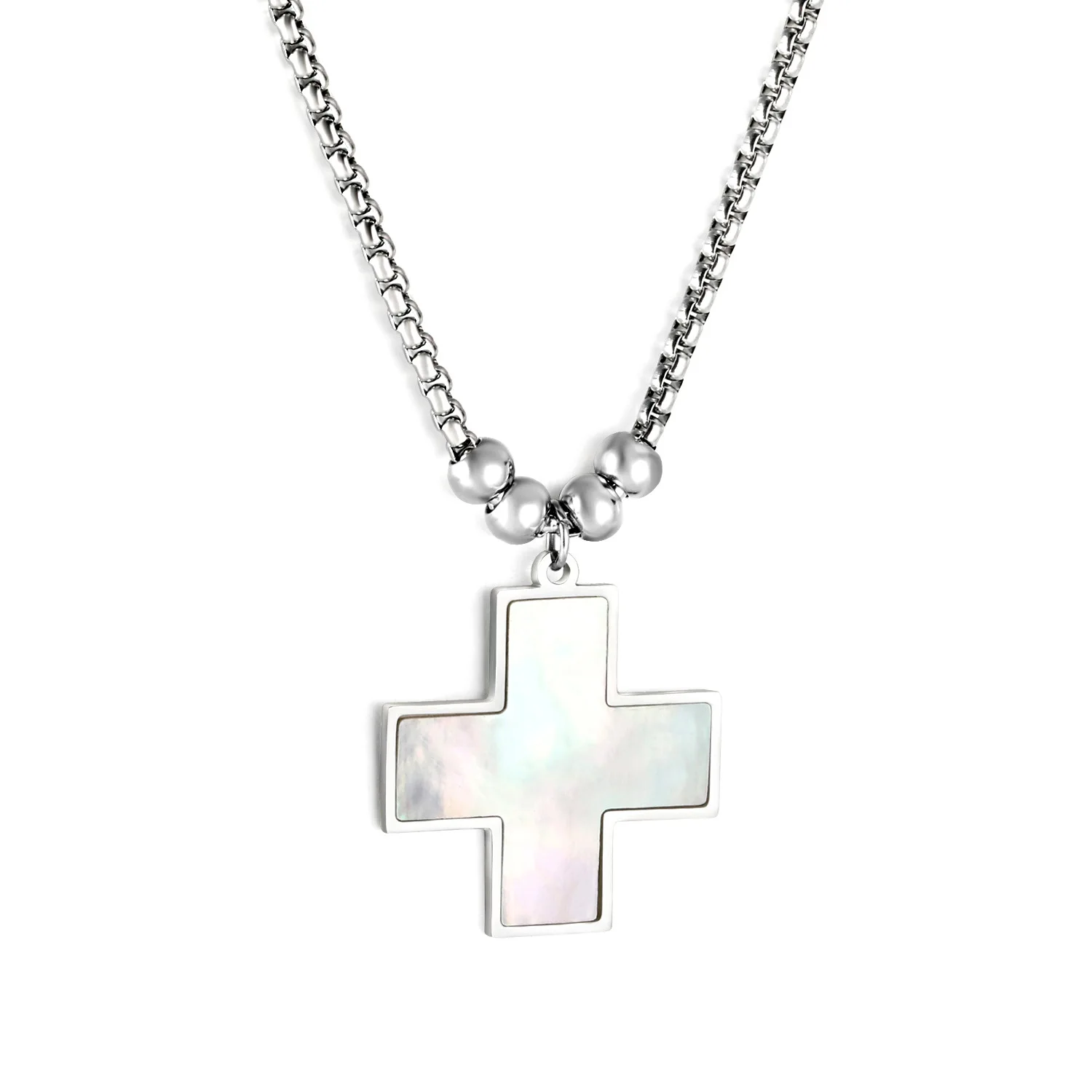 Fashion Jewelry Silver Plated White Shell Crucifix Necklace Titanium Stainless Steel Wide Cross Pendant Necklace
