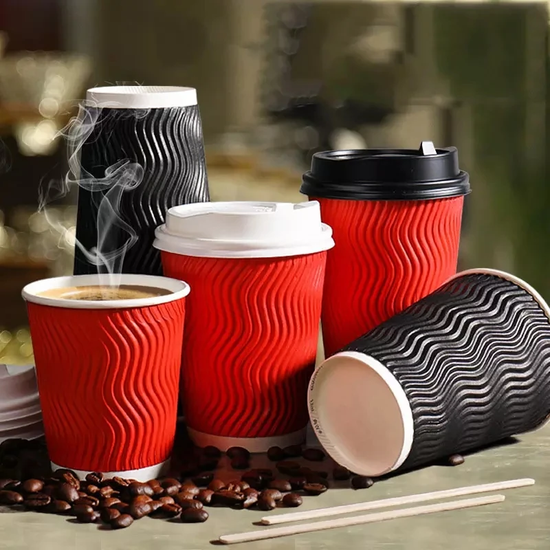 Biodegradable Corrugated Paper Cups Coffee Beverage Cups With Lids