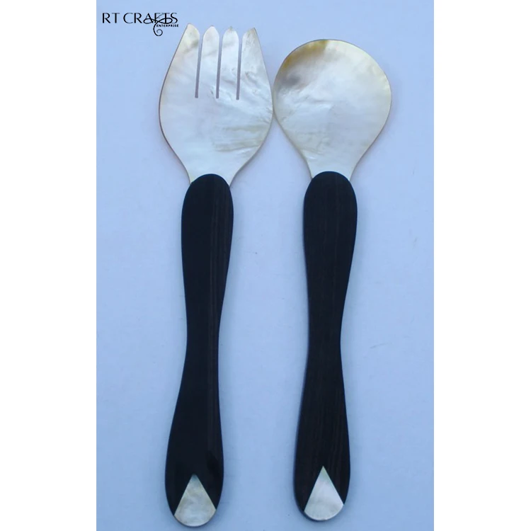 Mother Of Pearl Salad Server Set Handicraft Wooden Salad Spoon Wedding Restaurant Salad Servers Spoon And Fork Set