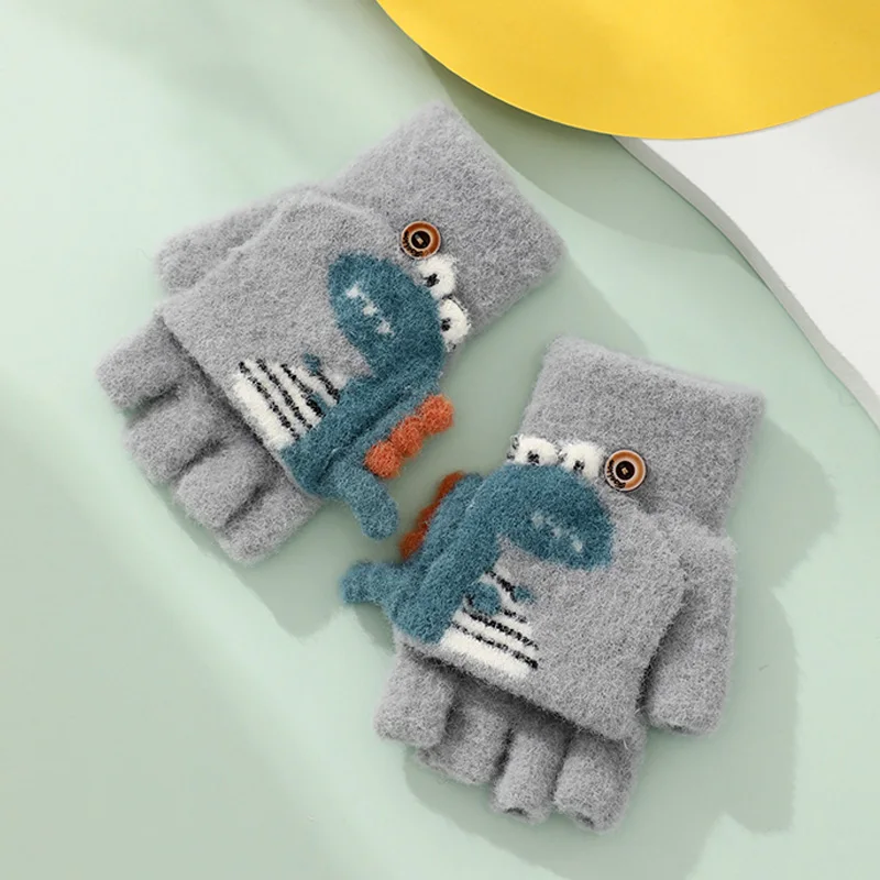 Fashion Half Finger Knit Mittens Cartoon Animal Children Thermal Winter Knitted Kids Gloves