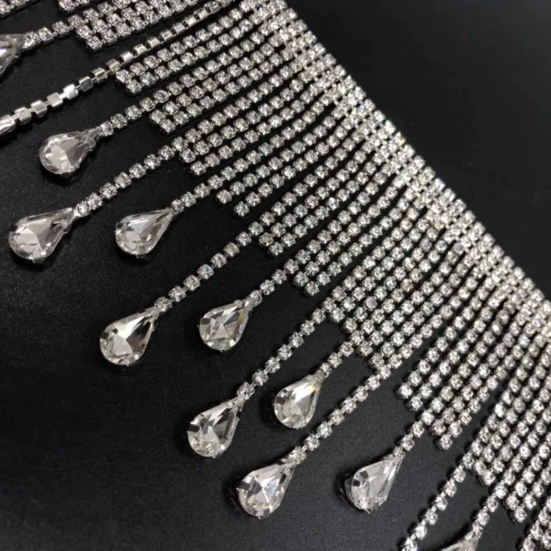 JFRT028 OEM Customized Welding Claw Crafts Crystal Rhinestone Fringe Trim Silver Long Tassel Garment Accessories