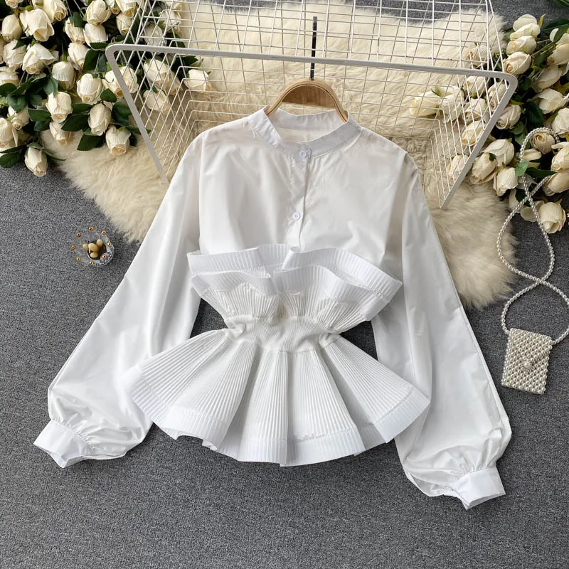 Customized spring long sleeved shirt women three-dimensional pleated ruffle edge waistband top women