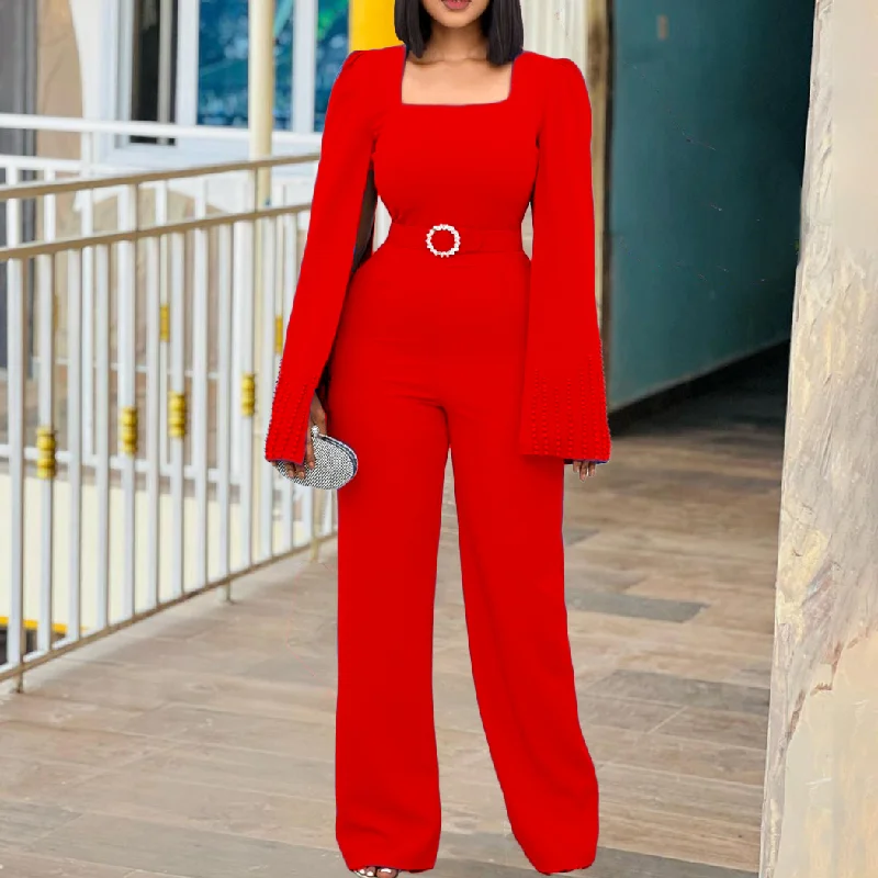 Latest Design Solid Color Plus Size Jumpsuits Elegant Beaded Cloak Wide Leg Jumpsuit With Belt