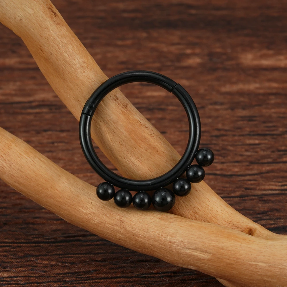Black Hinged Segment Ring Septum Gemmed Clickers Nose Piercing Jewelry
