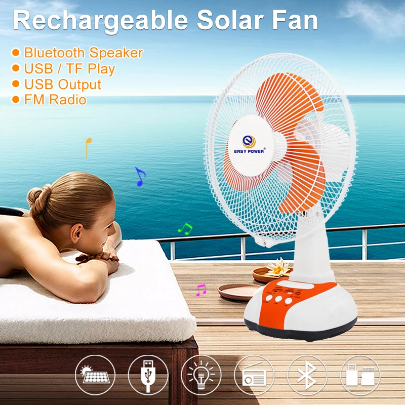 12 Inch Battery Fan Solar Charge Table Fan USB Power Bank Function Led Light Solar Rechargeable Fan For Emergency