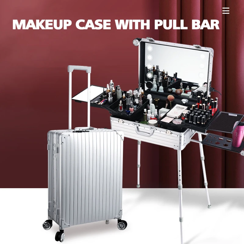 high quality Train Cosmetic case with light bulb Aluminum makeup case Rolling Studio Makeup Artist Cosmetic Case Light Mirror