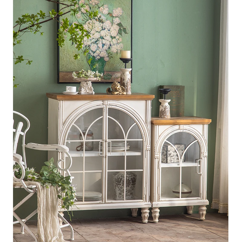 Contemporary European Vintage Kitchen Retro White Wood Storage Cabinet Showcase Display Stand Dining Living Room Furniture