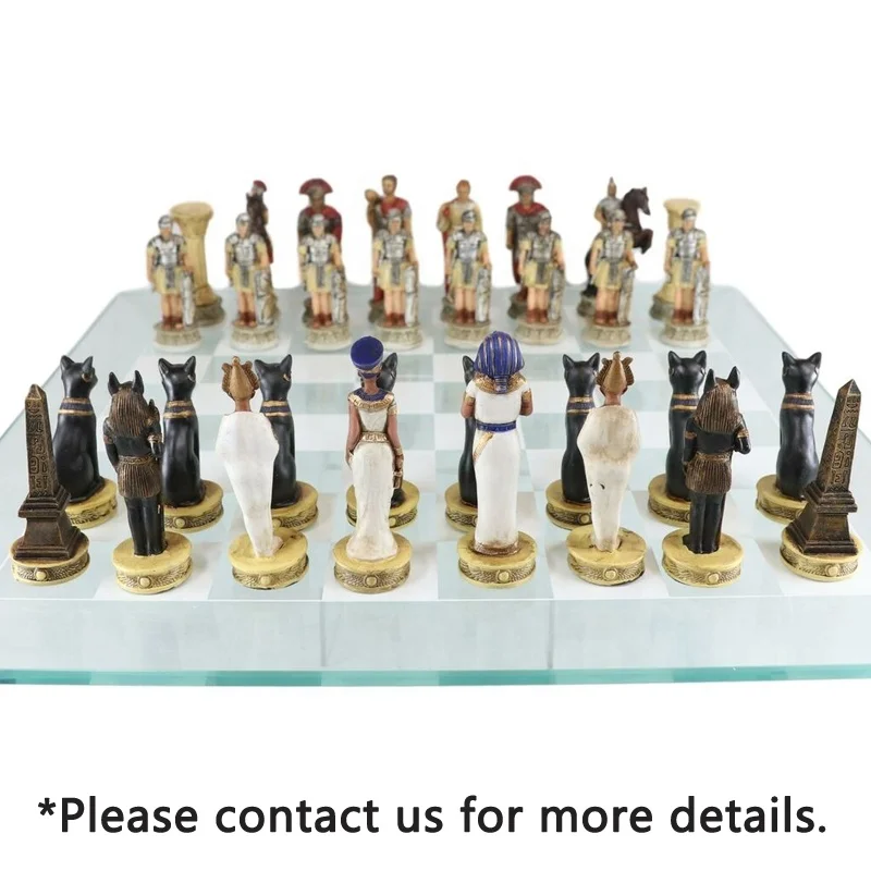 Customized Antique Pharaoh Egyptian VS Caesar Roman Empire Resin Figurine Chess Pieces Set Magnetic Custom Shaped Chess Sets