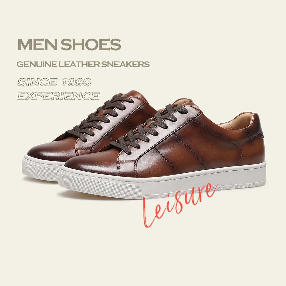 Wholesales high fashion luxury custom casual skateboard shoes brown Genuine leather men breathable flat sneakers shoes