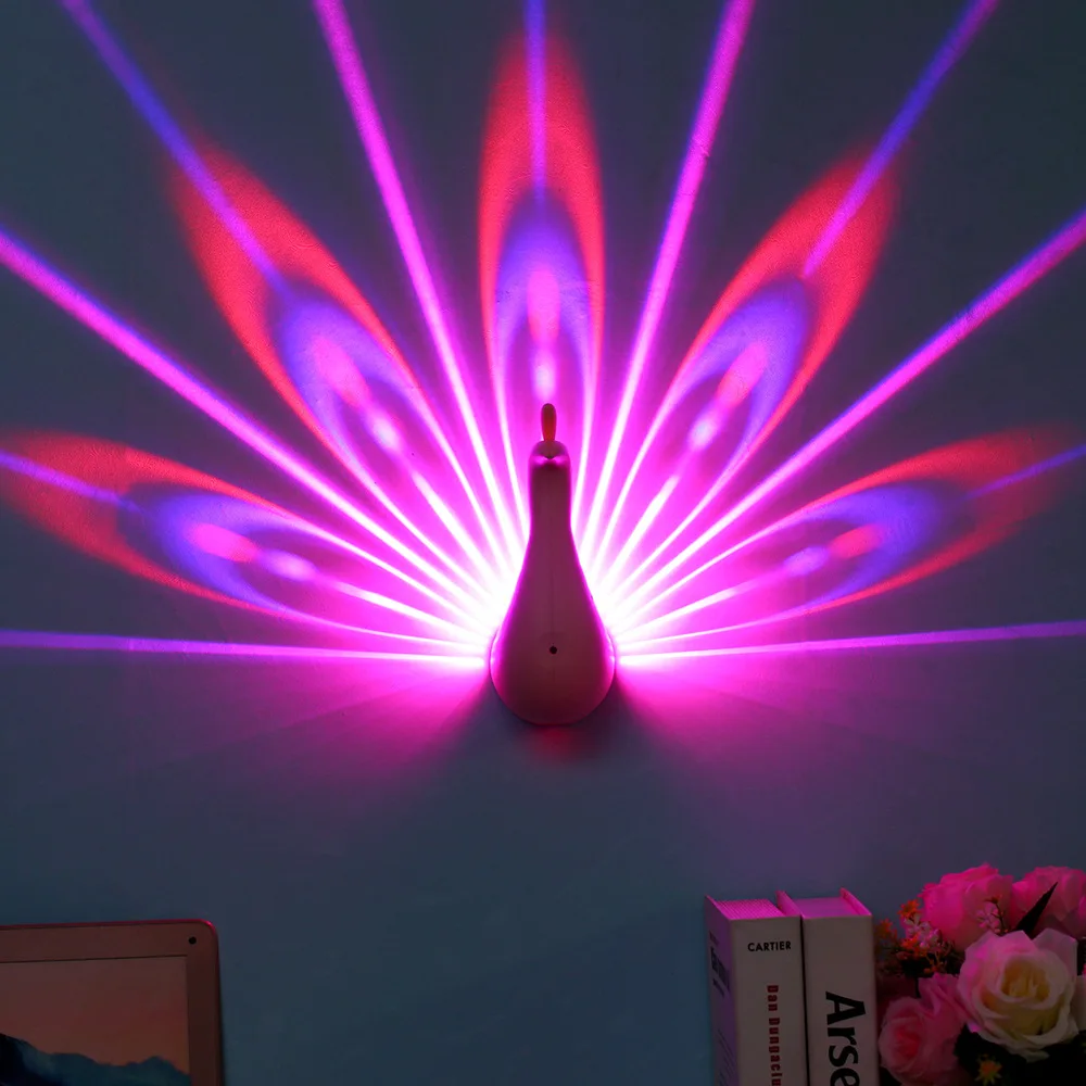 Indoor Modern Peacock Projection Touch 8 Funtion Remote Control Sensitive Wall Lamp For Living Room
