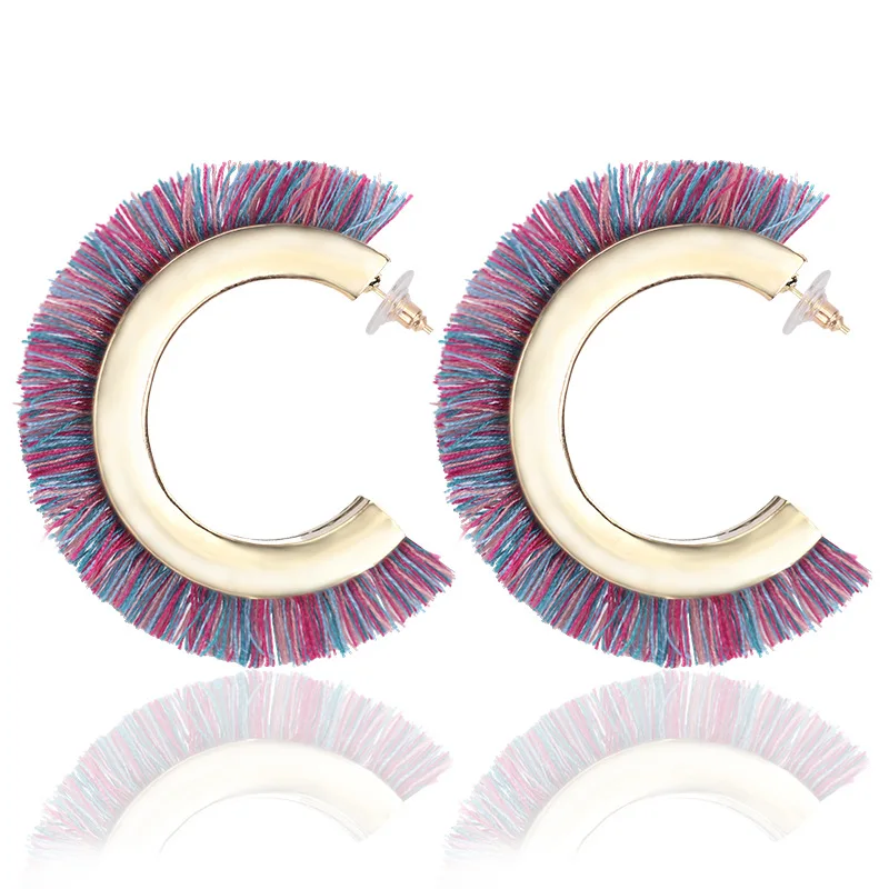 Brand Silk Thread Tassel Earrings Bohemian Alloy Stud Earrings For Women Statement Fringe Earrings Geometric Jewelry