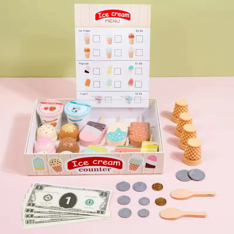 Ice Cream Counter play set for Kids Montessori Pretend Play Food Toys Kitchen Wooden Popsicle Set with Scoop & Cash Ice Cream